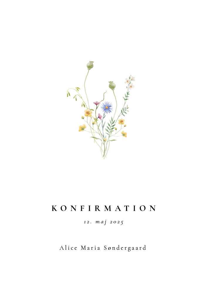 
                Alice Konfirmationsinvitation er designet til konfirmanden der ønsker et smukt og feminint udtryk. Invitationen er prydet med en buket af spinkle blomster i sarte farver. Til designet kommer også matchende elementer i form af velkomstskilt, salmehæfte, bordoversigt, menukort, bordkort, drinkskort, takkekort mm. således I kan skabe en rød tråd for dagen.                